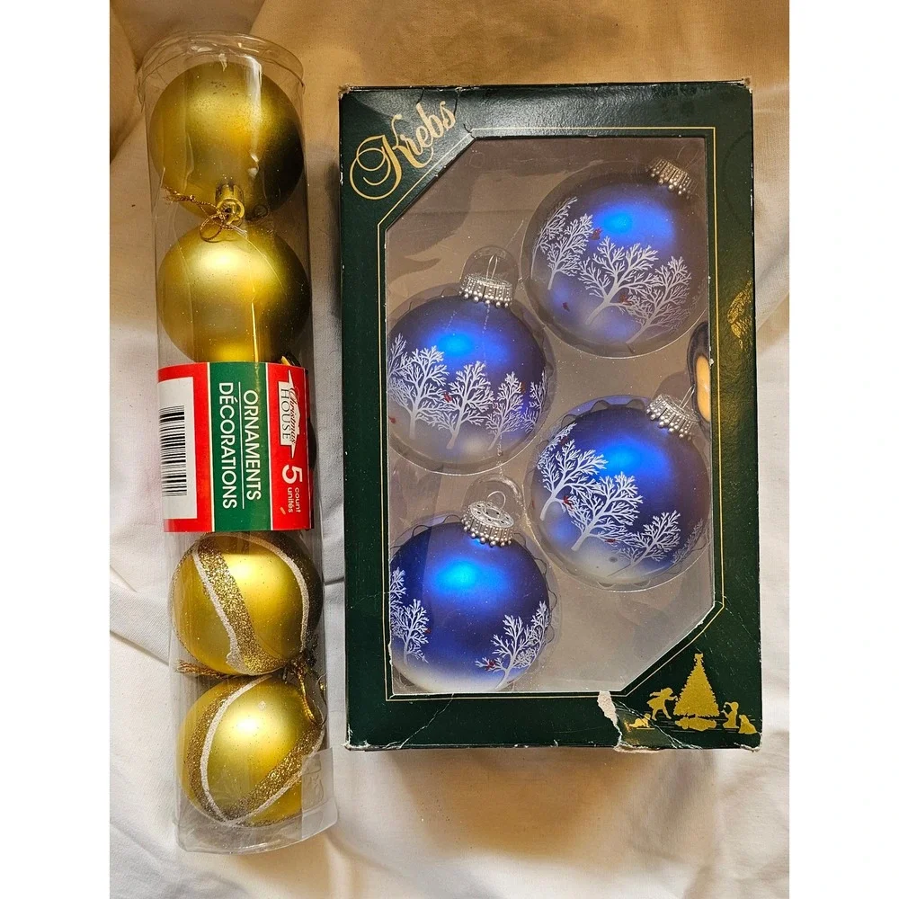 Krebs Blue Glass Winter Tree Ornaments & Gold Glitter Christmas Ball Set 9pc